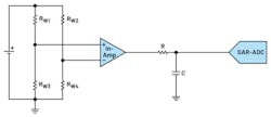 1. This schematic diagram shows a simplified bridge measurement circuit combined with an in-amp and a SAR ADC.