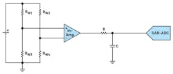 1. This schematic diagram shows a simplified bridge measurement circuit combined with an in-amp and a SAR ADC. 1. This schematic diagram shows a simplified bridge measurement circuit combined with an in-amp and a SAR ADC.