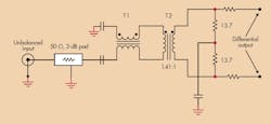1. ADC characterization in the lab records only the ADC’s performance values. Traditional configurations use a pair of input transformers similar to Intersil’s setup shown here. 1. ADC characterization in the lab records only the ADC’s performance values. Traditional configurations use a pair of input transformers similar to Intersil’s setup shown here.