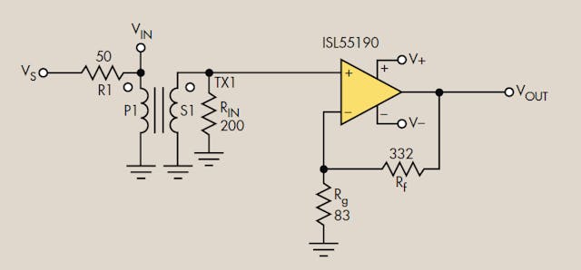 2. Improved noise alternative is to connect the signal into the non-inverting op amp through a step up transformer (1:2 turns ratio here, ADT4-1WT)