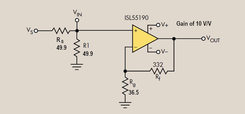 1. This circuit uses a simple 50 Ω input termination to a non-inverting op amp.