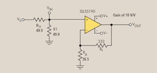1. This circuit uses a simple 50 Ω input termination to a non-inverting op amp.
