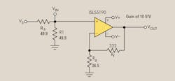 1. This circuit uses a simple 50 Ω input termination to a non-inverting op amp. 1. This circuit uses a simple 50 Ω input termination to a non-inverting op amp.