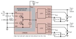 1. The integrated EMI noise shield in the LTM8080 regulator prevents its noise from reaching and affecting the pair of LDOs it supports. 1. The integrated EMI noise shield in the LTM8080 regulator prevents its noise from reaching and affecting the pair of LDOs it supports.