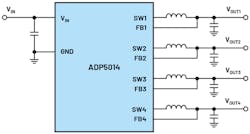 1. An ADP5014 is one example of a dc-dc converter that can generate up to four output voltages from one input voltage (simplified representation). 1. An ADP5014 is one example of a dc-dc converter that can generate up to four output voltages from one input voltage (simplified representation).