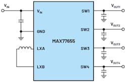 3. A MAX77655 SIMO converter can generate four voltages with just one IC and one inductor (simplified representation).