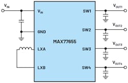 3. A MAX77655 SIMO converter can generate four voltages with just one IC and one inductor (simplified representation). 3. A MAX77655 SIMO converter can generate four voltages with just one IC and one inductor (simplified representation).