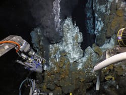 3. This image was captured by a MISO-OIS GoPro 12MP camera from the HOV Alvin, sampling approximately 360&deg;C hydrothermal fluids from the Bio9 vent at the East Pacific Rise axis at 2,510-m depth.