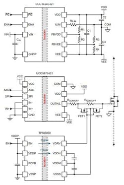5. Smart MOSFET driver circuits, such as the one shown here, include the ability to adjust their drive current in response to changing temperatures, loads, and other conditions. (Credit: Texas Instruments, Ref. 3) 5. Smart MOSFET driver circuits, such as the one shown here, include the ability to adjust their drive current in response to changing temperatures, loads, and other conditions. (Credit: Texas Instruments, Ref. 3)