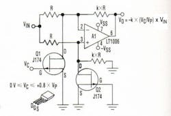 1. The JFETs in this voltage-controller amplifier act as linear resistors because the op amp constrains their drain-to-source voltages to a few tenths of a volt.