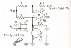 1. The JFETs in this voltage-controller amplifier act as linear resistors because the op amp constrains their drain-to-source voltages to a few tenths of a volt. 1. The JFETs in this voltage-controller amplifier act as linear resistors because the op amp constrains their drain-to-source voltages to a few tenths of a volt.