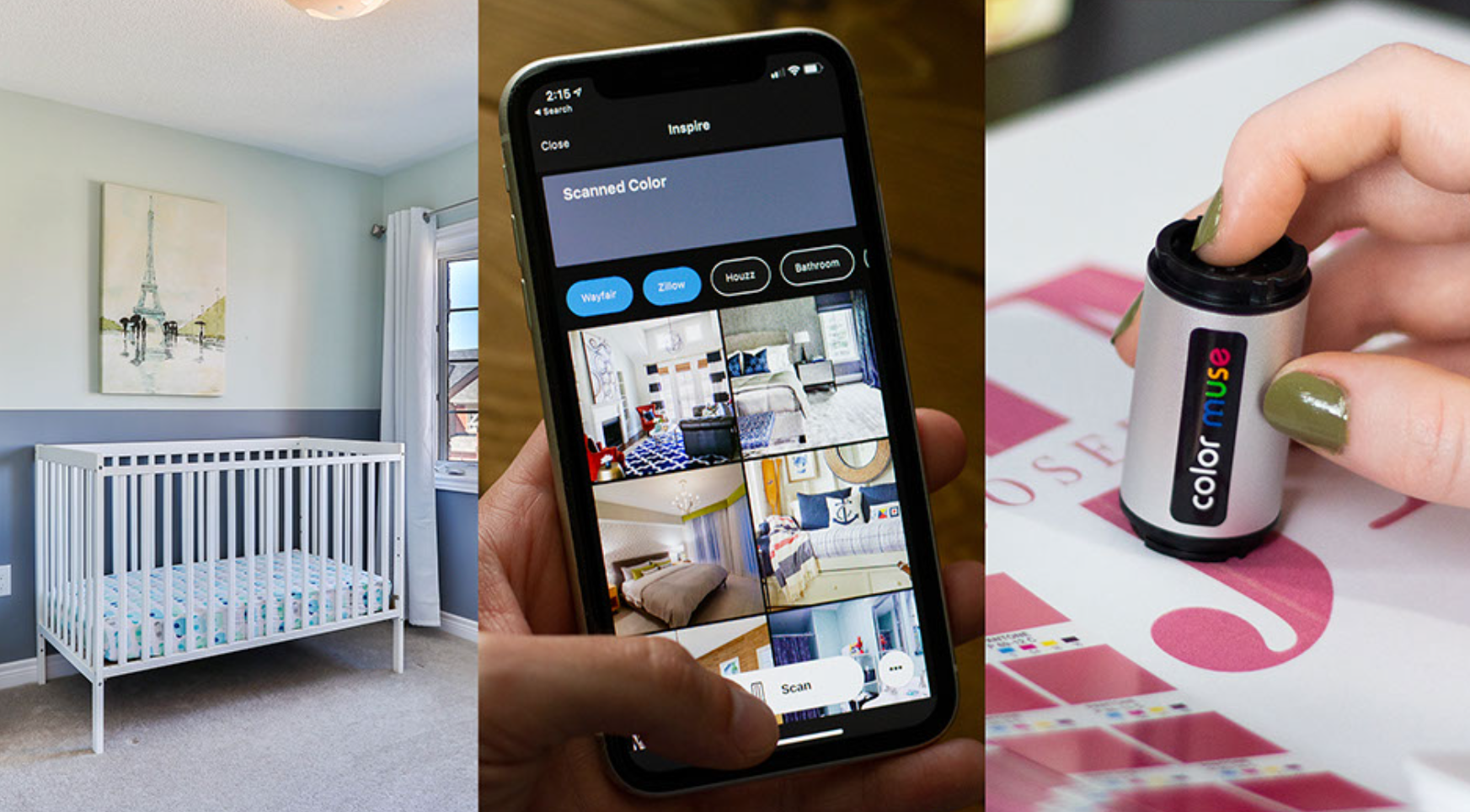 The Variable Color Muse IoT device (right) contains an ams OSRAM color sensor that communicates the color it sees to a smartphone app (center).