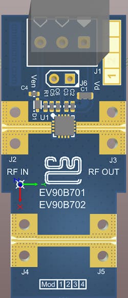 2. The EV90B701 for the CMX90B701 and pin-compatible CMX90B702 shows the simplicity of the application circuit associated with these gain blocks. 2. The EV90B701 for the CMX90B701 and pin-compatible CMX90B702 shows the simplicity of the application circuit associated with these gain blocks.