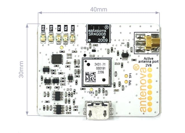 This small evaluation board contains a GNSS receiver and small SMD antenna placed to operate together within a small device.