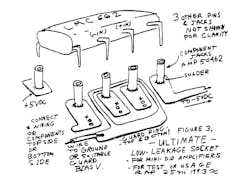 3. If you make this PC board in the pattern shown then solder some little component jacks (see Reference 3) onto the printed-circuit lands, you can get a socket with less than a femtoampere of leakage, due to the guarding. 3. If you make this PC board in the pattern shown then solder some little component jacks (see Reference 3) onto the printed-circuit lands, you can get a socket with less than a femtoampere of leakage, due to the guarding.