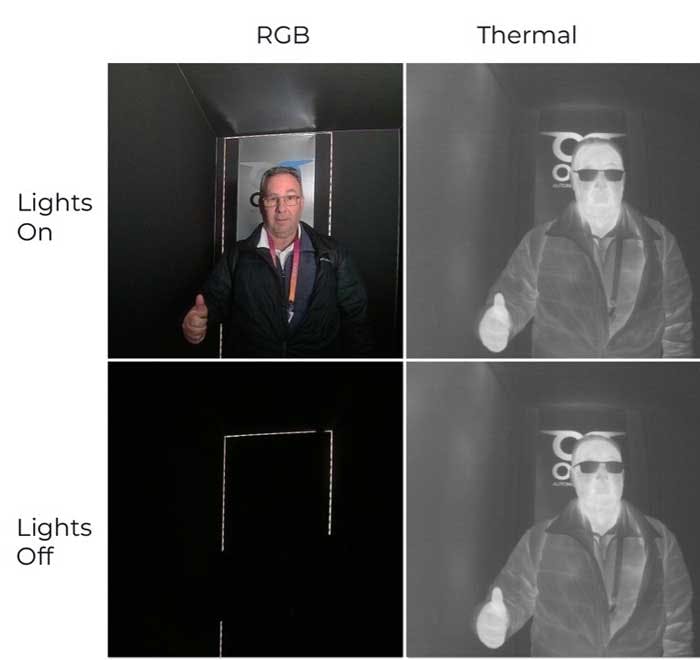 2. Comparing an RGB camera vs. a thermal camera in the dark in Owl&rsquo;s photobooth at CES 2023.