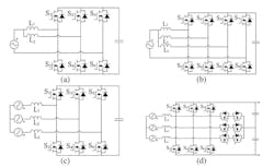 3. Common topologies for bidirectional dc-dc converters used in OBCs include (a) single-phase LLC, (b) single-phase phase-shifted DAB, (c) single-phase CLLC, and (d) three-phase CLLC. 3. Common topologies for bidirectional dc-dc converters used in OBCs include (a) single-phase LLC, (b) single-phase phase-shifted DAB, (c) single-phase CLLC, and (d) three-phase CLLC.
