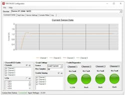 4. This configuration software screen shows which device is selected (top dropdown box), the connection status and input voltage (lower status bar), and the load current on channel 1 in graphical form. 4. This configuration software screen shows which device is selected (top dropdown box), the connection status and input voltage (lower status bar), and the load current on channel 1 in graphical form.