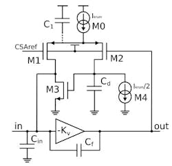 5. Shown is a schematic of a CSA with feedback circuitry. (Courtesy of Reference 3) 5. Shown is a schematic of a CSA with feedback circuitry. (Courtesy of Reference 3)