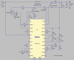 2. A forward active clamp circuit uses the ADP1074 to generate an isolated output voltage, as simulated in LTspice. 2. A forward active clamp circuit uses the ADP1074 to generate an isolated output voltage, as simulated in LTspice.
