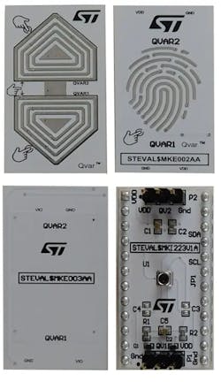 5. The relatively simple STEVAL-MKI223V1K demonstration board includes the Qvar electrostatic sensor and a swipe electrode.
