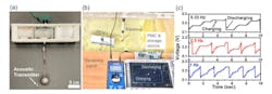 5. Demonstration of powering an acoustic transmitter: (a) Photograph of TENG array system and the acoustic transmitter. (b) Demonstration of powering acoustic transmitter and receiving the acoustic signal (transmitter identification). (c) Charging and discharging of the 1000-µF storage capacitor for powering the acoustic transmitter. 5. Demonstration of powering an acoustic transmitter: (a) Photograph of TENG array system and the acoustic transmitter. (b) Demonstration of powering acoustic transmitter and receiving the acoustic signal (transmitter identification). (c) Charging and discharging of the 1000-µF storage capacitor for powering the acoustic transmitter.