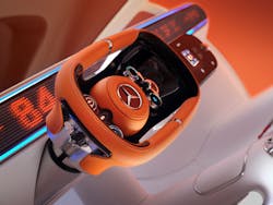 3. The modern interior of the Vision One-Eleven has a flat pixel display that runs across the entire width of the dashboard and a Formula 1 inspired steering wheel.
