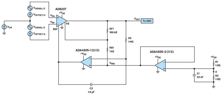 1. Shown is an ac-coupled signal conditioning circuit with indirect current-mode architecture.
