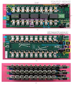 3. Hardware pictures in (a, b) show the high- and low-side FET views of one 33.3-kW single-phase full-bridge board, respectively, while (c) shows a top view of one 100-kW full-bridge inverter set.