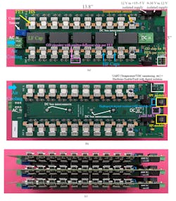 3. Hardware pictures in (a, b) show the high- and low-side FET views of one 33.3-kW single-phase full-bridge board, respectively, while (c) shows a top view of one 100-kW full-bridge inverter set. 3. Hardware pictures in (a, b) show the high- and low-side FET views of one 33.3-kW single-phase full-bridge board, respectively, while (c) shows a top view of one 100-kW full-bridge inverter set.