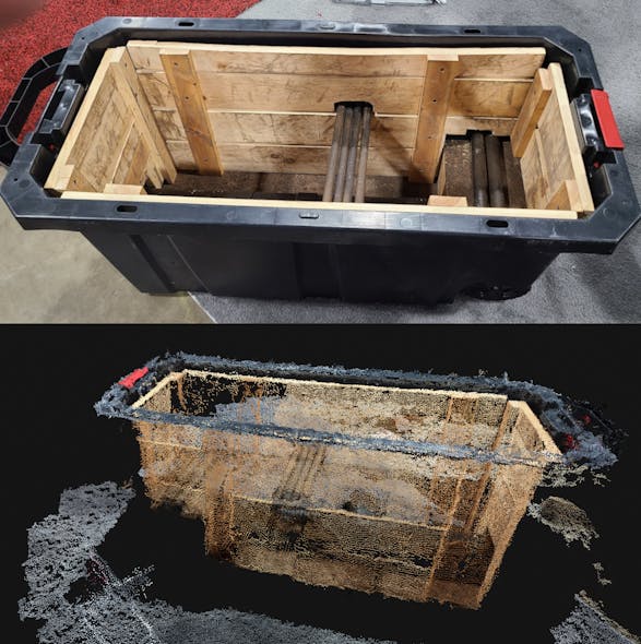 1. The tub (top) was scanned by walking around and aiming the 3D scanner at the object and surrounding area. The 3D model/digital twin (bottom) was created based on the recorded data.