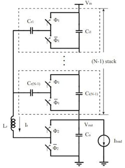 2. Here’s a single-phase, N-to-1, stacked resonant switched capacitor (ResSC). (Image courtesy of Reference 3) 2. Here’s a single-phase, N-to-1, stacked resonant switched capacitor (ResSC). (Image courtesy of Reference 3)