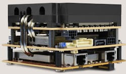 The PCIe/104 Sabertooth SBC with heat-pipe cooling is stacked atop VersaLogic's dual 10G Ethernet adapter. The PCIe/104 Sabertooth SBC with heat-pipe cooling is stacked atop VersaLogic's dual 10G Ethernet adapter.