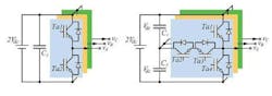 2. This is a three-phase, three-level, T-type inverter structure. (Image courtesy of Reference 4) 2. This is a three-phase, three-level, T-type inverter structure. (Image courtesy of Reference 4)