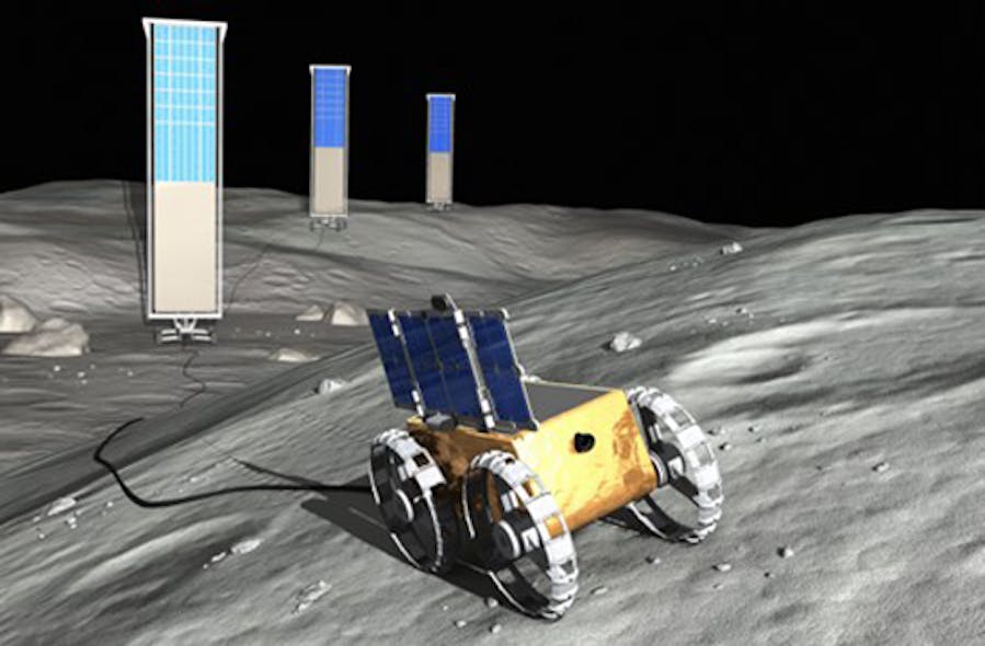 1. Here, Astrobotic&rsquo;s CubeRover unspools a cable to construct a power grid, initially by tying together solar-power towers and connecting those towers to power-hungry lunar equipment.