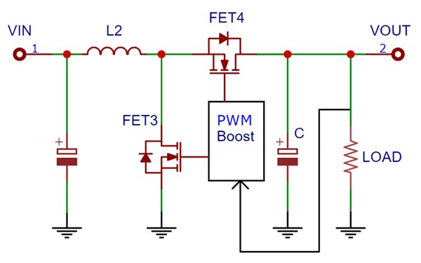 1. This boost DC-DC converter increases the output voltage while decreasing the current.