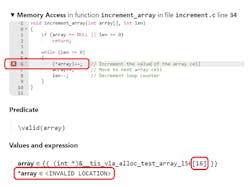 2. This is a screenshot of a buffer overflow finding within the TrustInSoft exhaustive static-analysis tool. 2. This is a screenshot of a buffer overflow finding within the TrustInSoft exhaustive static-analysis tool.