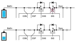 8. To prevent cross-charging, discharge on the higher voltage battery is blocked when the battery ΔV >400 mV. 8. To prevent cross-charging, discharge on the higher voltage battery is blocked when the battery ΔV >400 mV.
