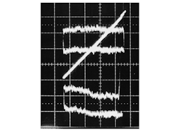 3. LMC6042, F = 0.6 Hz; output ±4 V into 1 kΩ (lower trace); upper trace, 2 μV p-p at 20 μV/div.; lower trace, 6 μV p-p at 20 μV/div. 3. LMC6042, F = 0.6 Hz; output ±4 V into 1 kΩ (lower trace); upper trace, 2 μV p-p at 20 μV/div.; lower trace, 6 μV p-p at 20 μV/div.
