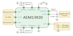 The block diagram shows how the AEM13920 fits into an energy-harvesting system.