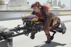 Sabine Wren (Natasha Liu Bordizzo) is riding a speeder bike away from responsibility and security guards.