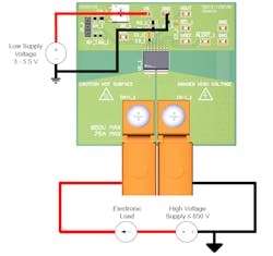 2. This example of a simple, low-side setup using the TMCS1123xEVM evaluation module maintains isolation, with external supplies distinguished by 'high voltage' (HV) for load and 'low voltage' (LV) for device-under-test (DUT) supply. The HV supply can be isolated and at a different potential than the LV supply. 2. This example of a simple, low-side setup using the TMCS1123xEVM evaluation module maintains isolation, with external supplies distinguished by 'high voltage' (HV) for load and 'low voltage' (LV) for device-under-test (DUT) supply. The HV supply can be isolated and at a different potential than the LV supply.