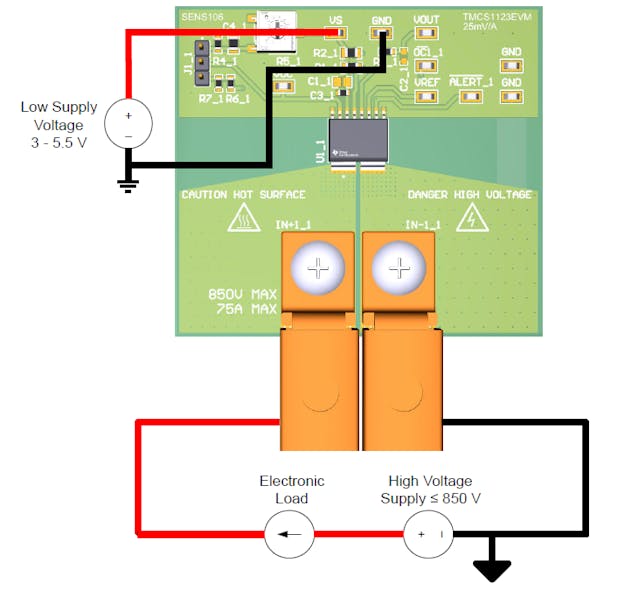 2. This example of a simple, low-side setup using the TMCS1123xEVM evaluation module maintains isolation, with external supplies distinguished by &apos;high voltage&apos; (HV) for load and &apos;low voltage&apos; (LV) for device-under-test (DUT) supply. The HV supply can be isolated and at a different potential than the LV supply.