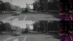 2. The top half of the figure shows a scene overlaid with 3D bounding boxes generated by the network running at 32-bit floating-point precision. The bottom half of the figure shows the 3D bounding boxes predicted by the Recogni 3DOD pipeline after optimization of the weights and activations using the three tips described in this article. Again, the differences between the ground-truth and predicted bounding boxes are minor. 2. The top half of the figure shows a scene overlaid with 3D bounding boxes generated by the network running at 32-bit floating-point precision. The bottom half of the figure shows the 3D bounding boxes predicted by the Recogni 3DOD pipeline after optimization of the weights and activations using the three tips described in this article. Again, the differences between the ground-truth and predicted bounding boxes are minor.