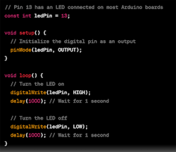 ChatGPT provided this program in response to a query about blinking an LED using an Arduino Uno board. ChatGPT provided this program in response to a query about blinking an LED using an Arduino Uno board.