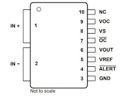2. The TMCS1123 offers a working voltage of 1,100-V DC from the input current pins (left) to the signal pins (right). 2. The TMCS1123 offers a working voltage of 1,100-V DC from the input current pins (left) to the signal pins (right).