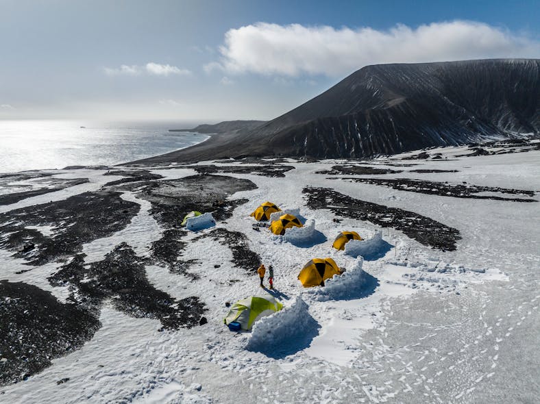 Basecamp on Mt. Michael&mdash;those snow barriers didn&rsquo;t last long.