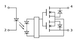 1. As exemplified in the internal block diagram of Toshiba&rsquo;s TLP3475W, the photorelay naturally simplifies the complexity of such a &ldquo;simple&rdquo; device, but it provides the user with needed information. Pin connections are anode (1), cathode (2), and drain (3,4).