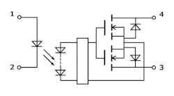 1. As exemplified in the internal block diagram of Toshiba’s TLP3475W, the photorelay naturally simplifies the complexity of such a “simple” device, but it provides the user with needed information. Pin connections are anode (1), cathode (2), and drain (3,4). 1. As exemplified in the internal block diagram of Toshiba’s TLP3475W, the photorelay naturally simplifies the complexity of such a “simple” device, but it provides the user with needed information. Pin connections are anode (1), cathode (2), and drain (3,4).