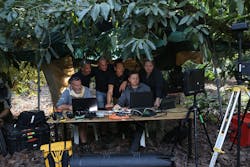 Albert Lin, scanner Duncan Lees, geophysicist Michael Lazar, geophysicist Uri Basson, scanner Joe Steel, and archaeologist Alexandra Ratzlaff review the scanning results at his tech lab nestled amongst avocado trees near Tel Kabri Palace in Tel Kabri, Israel. Albert Lin, scanner Duncan Lees, geophysicist Michael Lazar, geophysicist Uri Basson, scanner Joe Steel, and archaeologist Alexandra Ratzlaff review the scanning results at his tech lab nestled amongst avocado trees near Tel Kabri Palace in Tel Kabri, Israel.